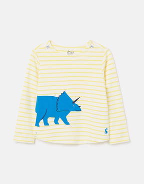 Joules Harbour Yellow Stripe Dinosaur Top: front view with blue dinosaur