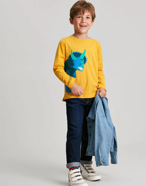 Joules Jack Yellow Wraparound Dinosaur T-Shirt: child wearing the yellow top