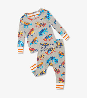 Hatley baby boy Leaping Frogs organic cotton pajama set in Gray with colorful frog print.
