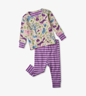 Hatley baby girls Magical Forest organic cotton pajama set in Cream/Purple with striped pants.