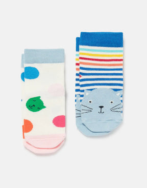 Joules Neat Feet Cat Spot Socks 2-Pack: cat and multicoloured stripe sock designs laid flat