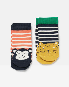 Joules Neat Feet Leopard Monkey Socks 2-Pack: monkey and leopard sock designs laid flat