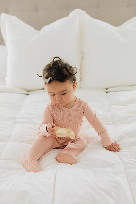 Organic Smocked Footie in Rosewater Dots | Lovedbaby - Jenni Kidz