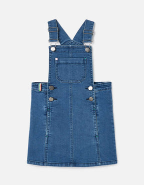 Joules Phoebe Blue Denim Dungaree Dress: front view with bib pocket and side buttons