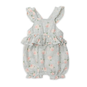 Angel Dear Rose Dot Gray cotton muslin peplum sunsuit front view