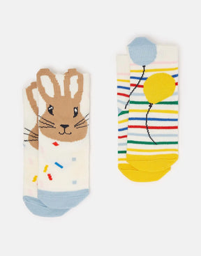 Joules Peter Rabbit Character Socks 2-Pack: rabbit-face and striped balloon sock designs laid flat