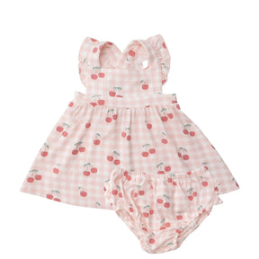 Angel Dear Cherry Gingham bamboo pinafore top and bloomer front view