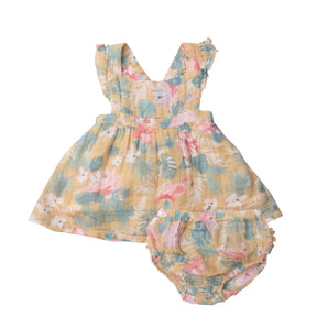 Angel Dear Floral Flamingos cotton muslin pinafore set front view
