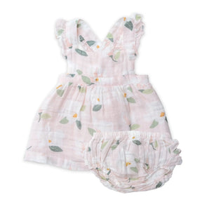 Angel Dear Magnolias cotton muslin pinafore set front view