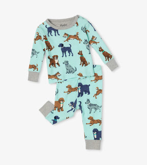 Hatley baby boy Playful Puppies organic cotton pajama set in Aqua/Gray with long sleeves and matching pants.