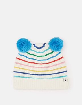 Joules Pom Pom Cream Multicolour Stripe Hat: front view of striped hat with two blue pom-poms