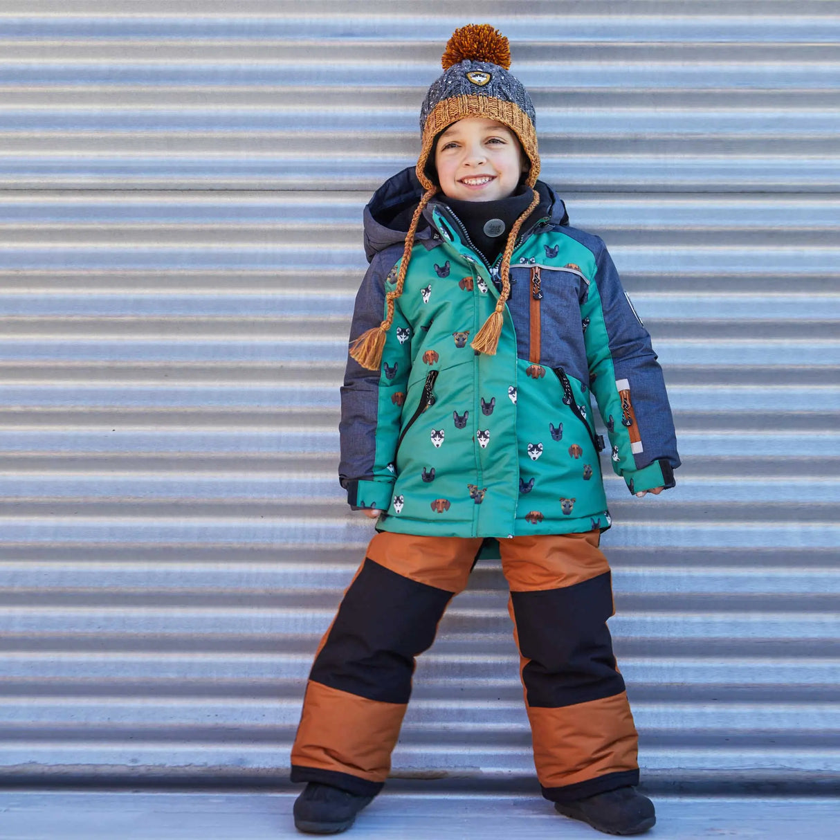 Printed Little Dogs Two Piece Snowsuit Green And Brown | DEUX PAR DEUX - DEUX PAR DEUX