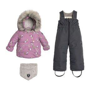 Deux par Deux baby girls Lilac snowsuit showing printed jacket, solid overalls, and winter accessory styling.