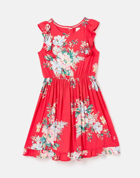 Joules Quincy Pink Floral Flutter Sleeve Dress: front view with floral print and flutter sleeves