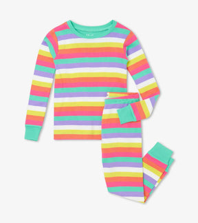 Hatley girls Rainbow Stripes organic cotton pajama set in Multi/Mint with long sleeves and matching pants.