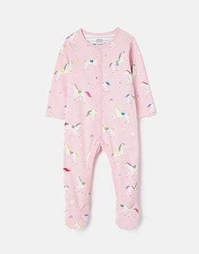 Joules Razamataz Pink Horse Print Babygrow: front view of pink horse-print babygrow