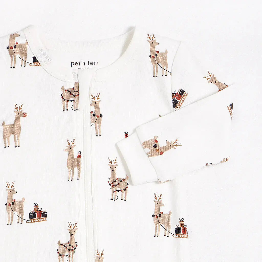 Rudy and Reindeers Print on Off White Sleeper | Petit Lem - Jenni Kidz
