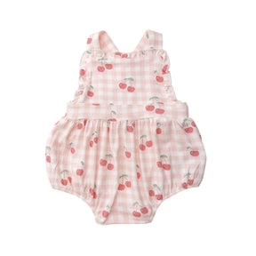 Angel Dear Cherry Gingham bamboo ruffle bib sunsuit front view