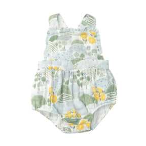 Angel Dear Cute Country Floral cotton muslin ruffle bib sunsuit front view