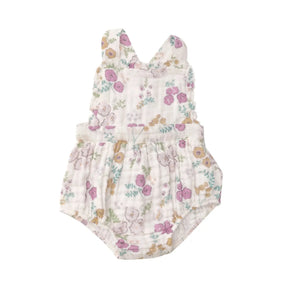 Angel Dear Dreamy Meadow Floral cotton muslin ruffle bib sunsuit front view