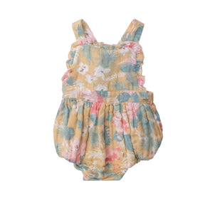 Angel Dear Floral Flamingos cotton muslin ruffle bib sunsuit front view
