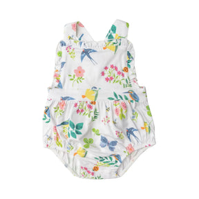 Angel Dear Garden Birds bamboo ruffle bib sunsuit for baby girls front view