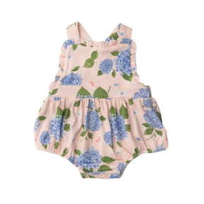 Angel Dear Hydrangea bamboo ruffle bib sunsuit front view