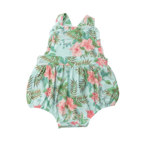 Angel Dear Vintage Hibiscus bamboo ruffle bib sunsuit front view
