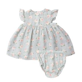 Angel Dear Rose Dot Gray cotton muslin ruffle dress and bloomer front view