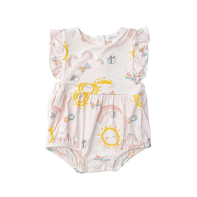 Angel Dear Inky Bees bamboo ruffle sunsuit for baby girls, image 1