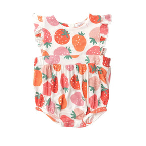 Angel Dear Strawberries bamboo ruffle sunsuit for baby girls, image 1