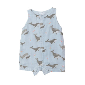 Angel Dear Grey Whales cotton muslin shortie romper for baby boys, image 1