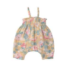 Angel Dear Floral Flamingos cotton muslin smocked romper for baby girls