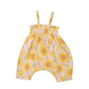 Angel Dear Sunflowers Pink cotton muslin smocked romper for baby girls