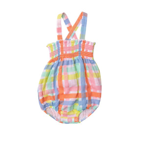 Angel Dear Multicolor Plaid cotton muslin smocked sunsuit for baby girls, image 1