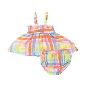 Angel Dear Multicolor Plaid cotton muslin smocked top and bloomer set for baby girls, image 1