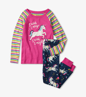 Hatley girls Space Unicorns glow-in-the-dark appliqué raglan pajama set in Pink/Navy with matching pants.