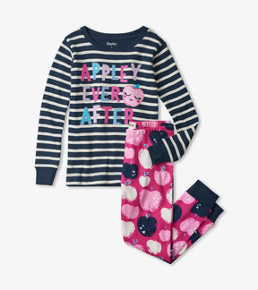 Hatley girls Stamped Apples organic cotton appliqué pajama set in Navy/Pink with matching apple-print pants.