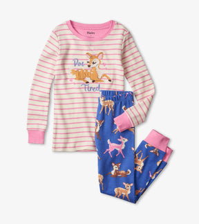 Hatley girls Sweet Fawns organic cotton appliqué pajama set in Cream/Pink/Navy with matching pants.