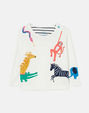 Joules Tate Cream Zoo Animal Long Sleeve T-Shirt: front view with zoo animals