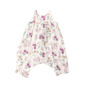 Angel Dear Dreamy Meadow Floral Pink cotton muslin tie back romper for baby girls, image 1