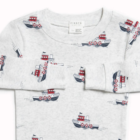 Tugboats Print on Heather Grey Infant Pajama Set | Petit Lem - Petit Lem