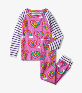 Hatley girls Twisty Rainbow Hearts organic cotton raglan pajama set in Pink/Purple with matching pants.