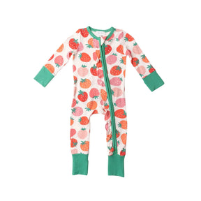 Angel Dear Strawberries bamboo two-way ruffle zipper romper for baby girls, image 1