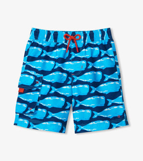Hatley boys Whale Pod board shorts in blue with whale print and red drawcord