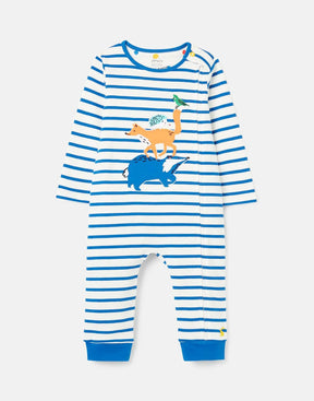 Joules Winfield Blue Stripe Animal Romper: front view with stacked animals