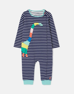 Joules Winfield Navy Stripe Dinosaur Romper: front view of striped dinosaur romper