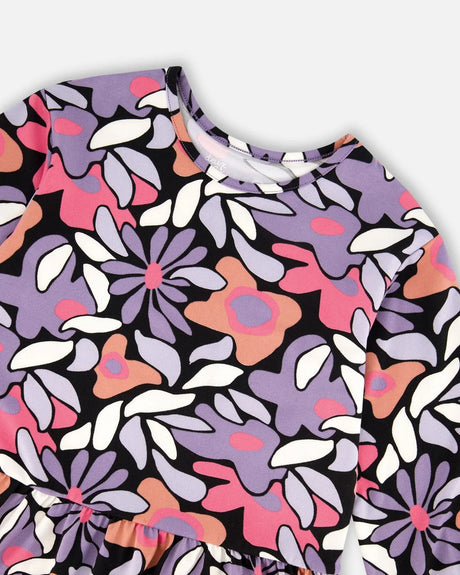 Jersey Dress Black Retro Flower Print | Deux par Deux | Jenni Kidz