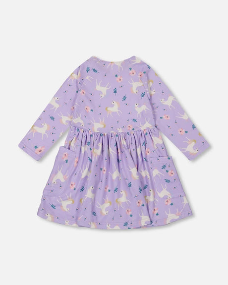 Jersey Dress With Pockets Lilac Unicorn Print | Deux par Deux | Jenni Kidz