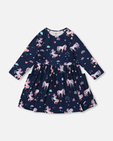 Jersey Dress With Pockets Navy Unicorn Print | Deux par Deux | Jenni Kidz